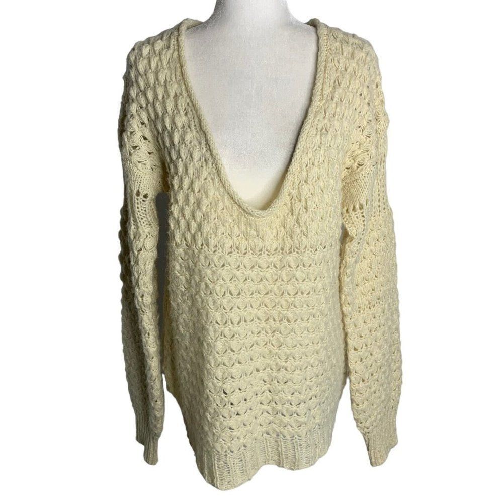 Free People Chunky Knit Oversized Sweater S Cream Wool Blend Scoop Neck Pullover